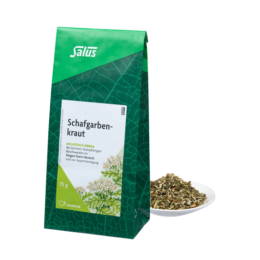 Salus Schafgarbenkraut Tee Bio 75 g in grüner Verpackung mit losem Kraut