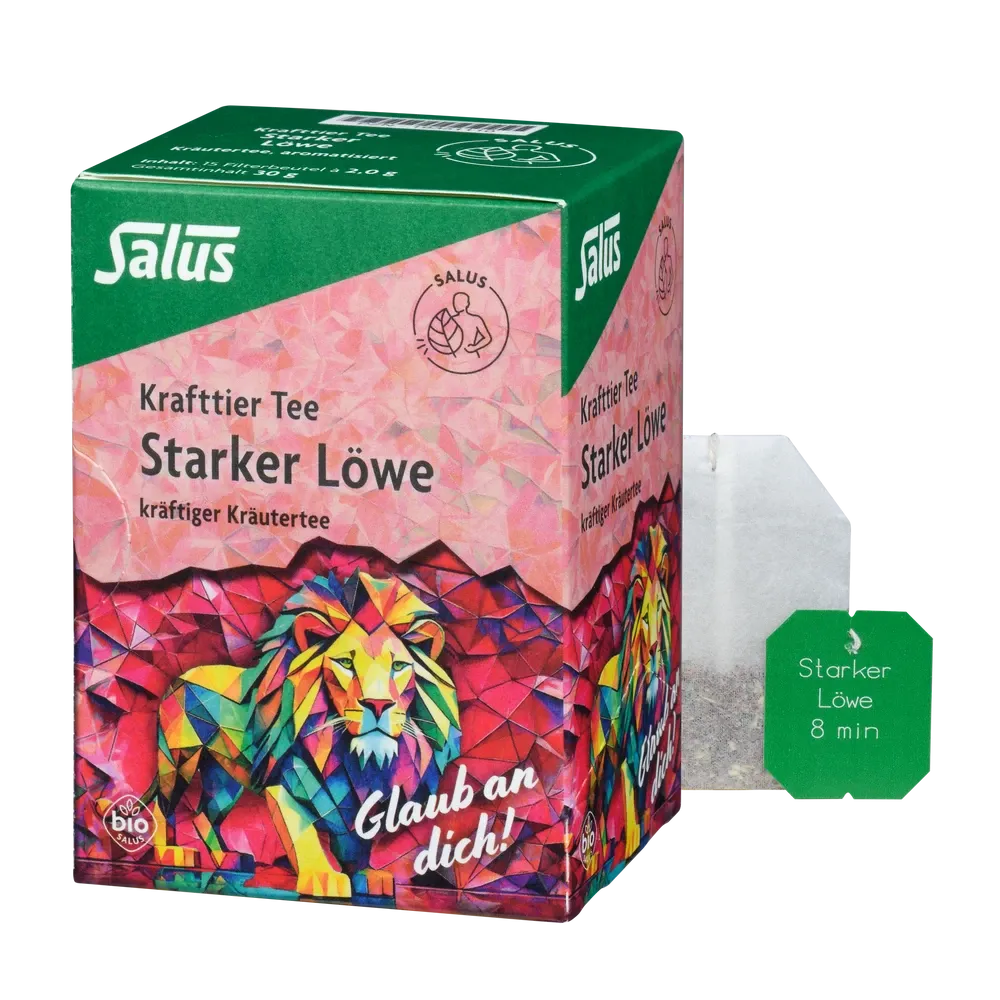 Salus Starker Löwe Tee Bio – Verpackung mit Teebeutel kombiniert, kräftiger Kräutertee mit Moringa