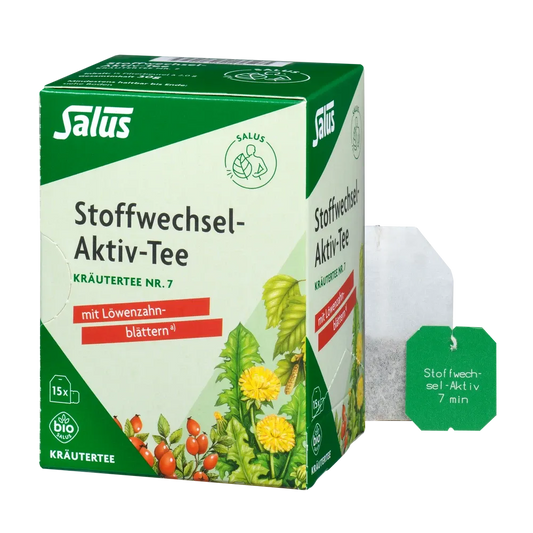 Salus Stoffwechsel-Aktiv Tee bio Kräutertee Nr. 7 Packung und einzelner Teebeutel, 15 Filterbeutel mit Löwenzahnblättern aus kontrolliert biologischem Anbau