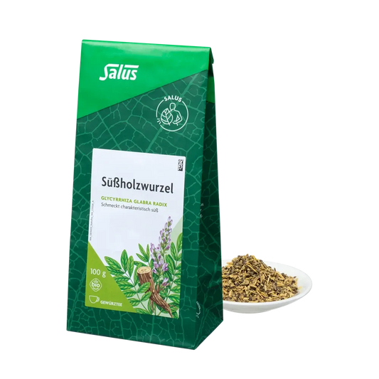 Salus Süßholzwurzel Bio Tee lose 100 g – Produktfoto mit Packung und loser Süßholzwurzel auf Teller