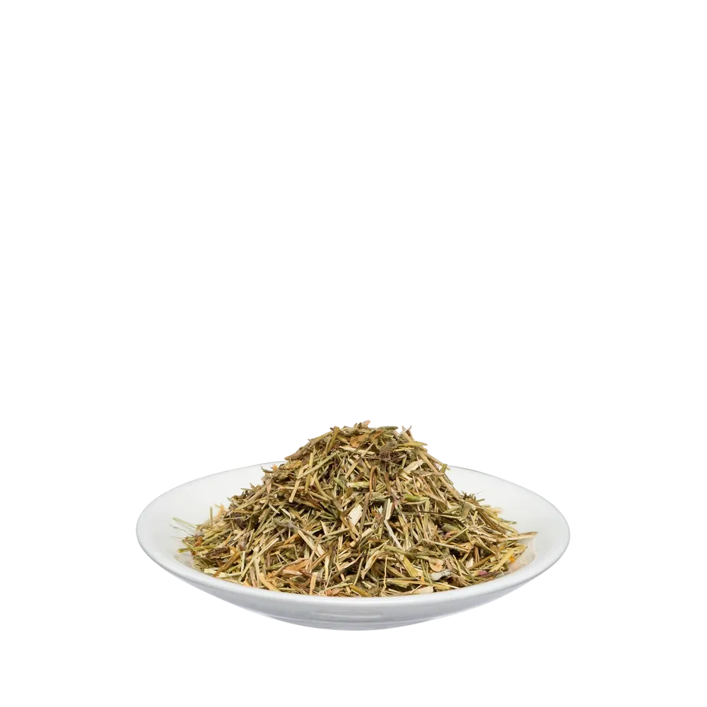 Loser Salus Tausendgüldenkraut Tee – getrocknetes Kraut auf weißem Teller