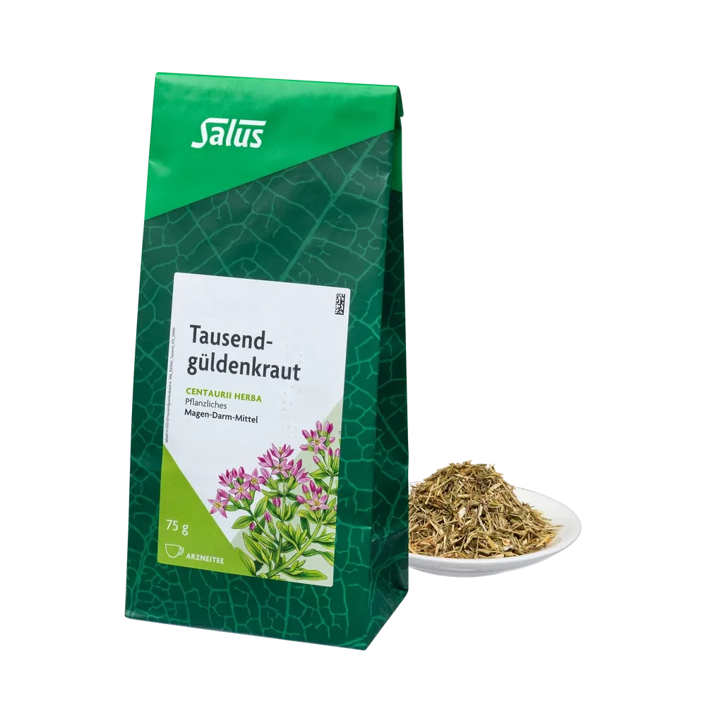 Salus Tausendgüldenkraut Tee – 75 g Packung mit losem Kraut auf Teller