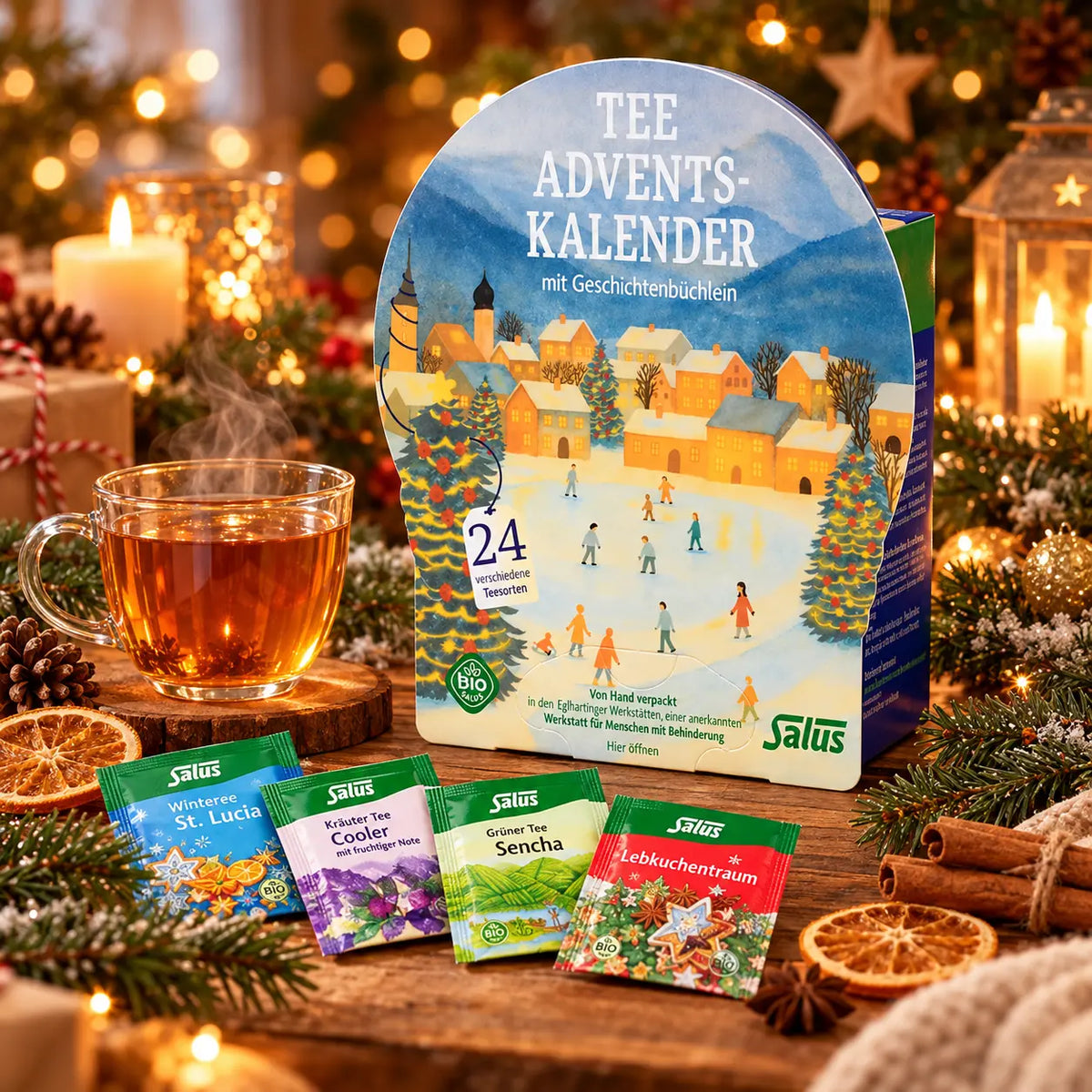 Salus Bio Tee Adventskalender mit heißem Tee in weihnachtlicher Atmosphäre