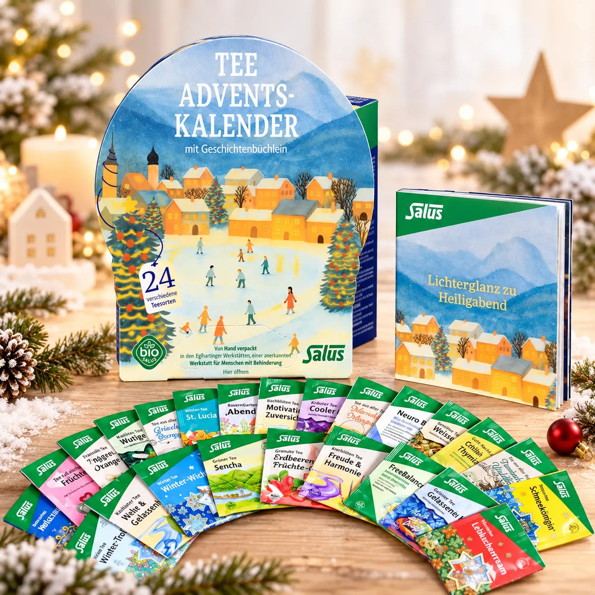 Salus Tee Adventskalender Bio mit 24 Teesorten in schräger Seitenansicht