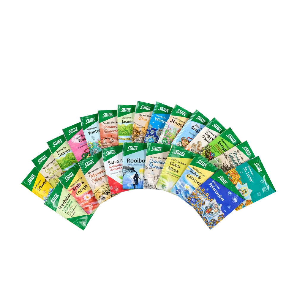 Salus Tee Adventskalender in nachhaltiger Verpackung mit 24 Bio-Tees und Geschichtenbüchlein