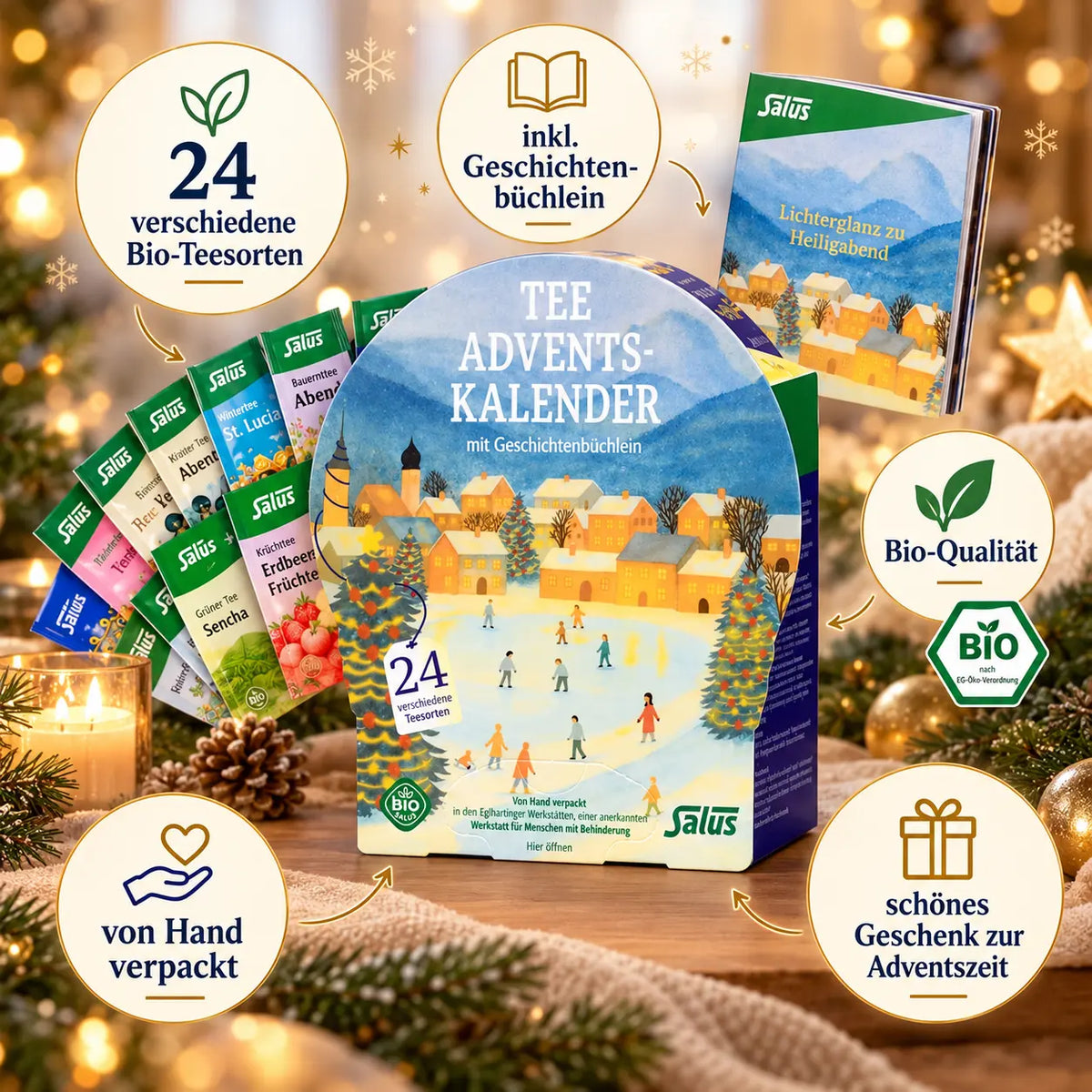 Salus Tee Adventskalender mit 24 Bio-Teesorten, Geschichtenbüchlein und handverpacktem Inhalt
