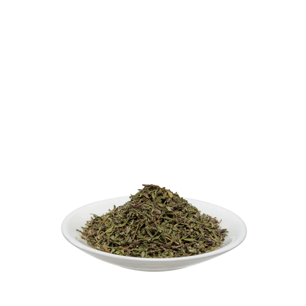 Salus Thymian Tee bio lose – getrocknete Thymianblätter auf weißem Teller