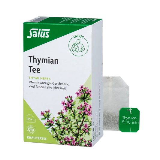 Salus Thymian Tee Bio – Verpackung mit Thymiankraut-Illustration und Teebeutel im Vordergrund