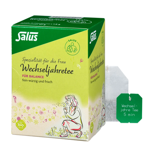 Salus Wechseljahretee Bio – Verpackung mit Teebeutel kombiniert