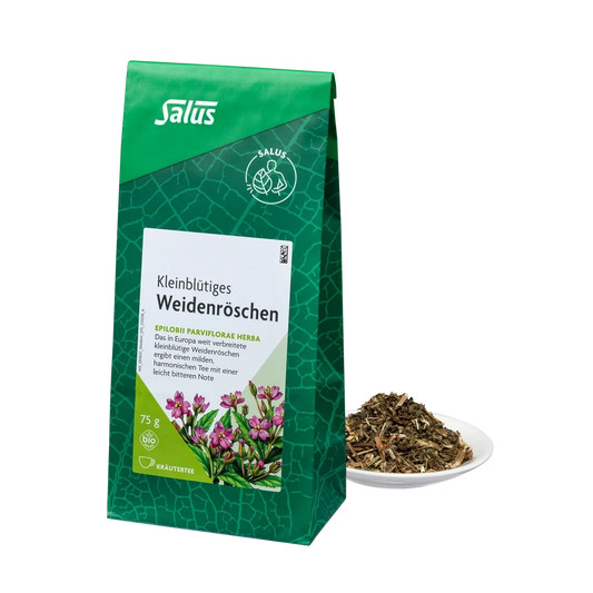 Salus® Weidenröschen Tee Bio 75 g – Packung und lose Kräuter auf weißem Teller