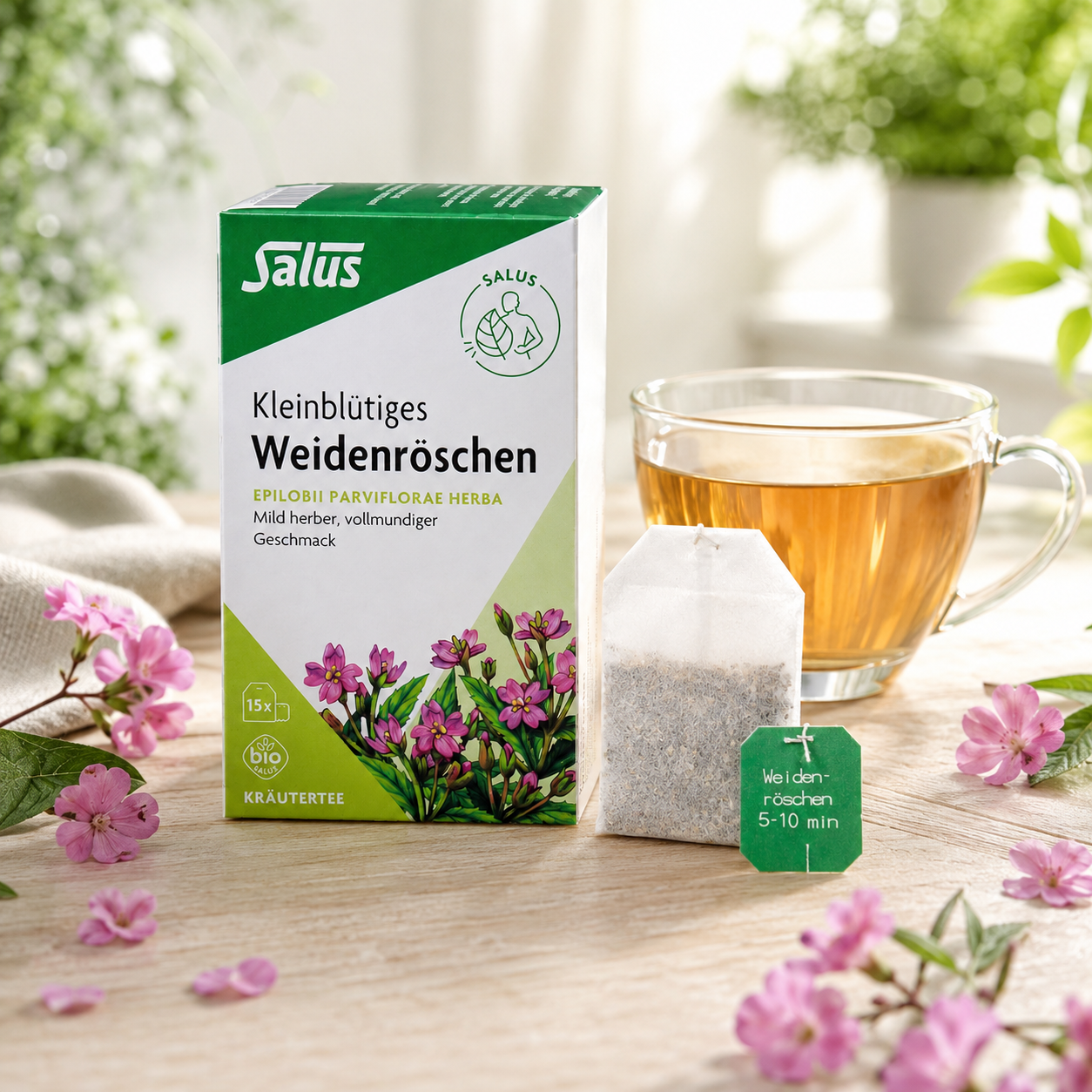 Salus Weidenröschen Tee bio neben aufgebrühter Tasse Kräutertee und Teebeutel
