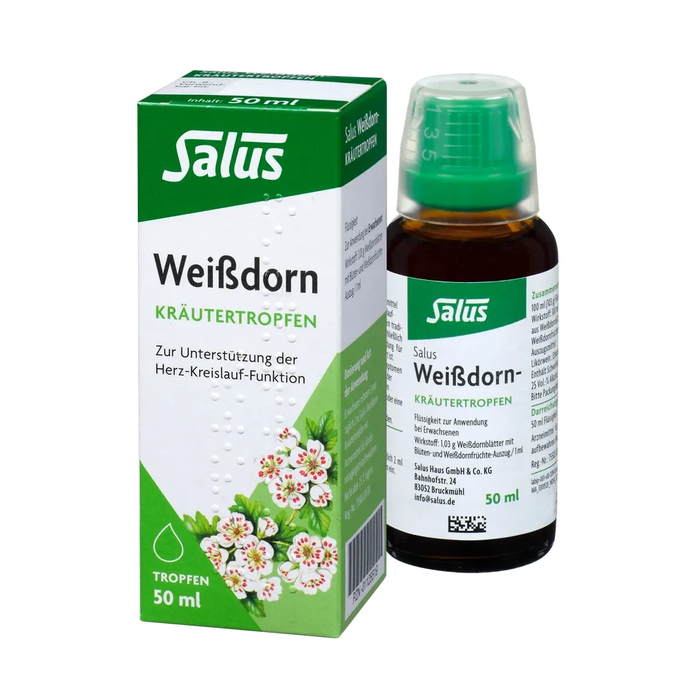 Salus Weißdorn Kräutertropfen Bio 50 ml – Packung und Flasche als pflanzliches Herz-Kreislauf-Mittel