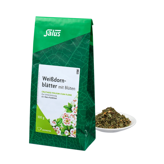 Salus Weißdornblätter mit Blüten Arzneitee Bio 100g Packung mit losem Tee auf Teller – vegan, bio, lose, zur Unterstützung der Herz-Kreislauf-Funktion