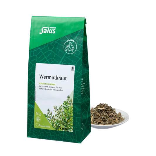 Salus Wermutkraut Tee bio lose 75g im Beutel mit Portion losem Wermutkraut auf Teller