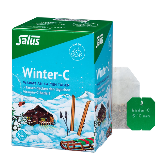 Salus Winter-C Bio-Tee – Packung mit winterlichem Design und passendem Filterbeutel