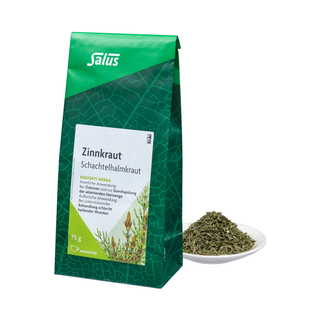 Salus Zinnkraut Tee lose 75 g mit Schachtelhalmkraut auf Teller – naturreiner Arzneitee für Harnwege und Wundheilung