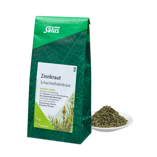 Salus Zinnkraut Tee lose 75 g mit Schachtelhalmkraut auf Teller – naturreiner Arzneitee für Harnwege und Wundheilung