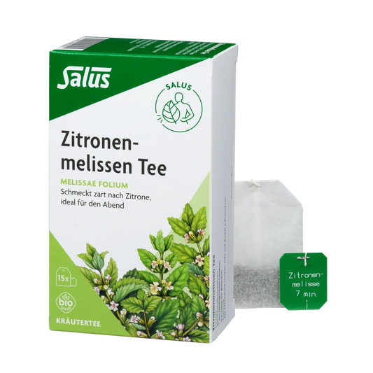 Salus Zitronenmelissen Tee Bio Packung mit Teebeutel – Kombination aus Produktpackung und losem Teebeutel mit Anhänger.
