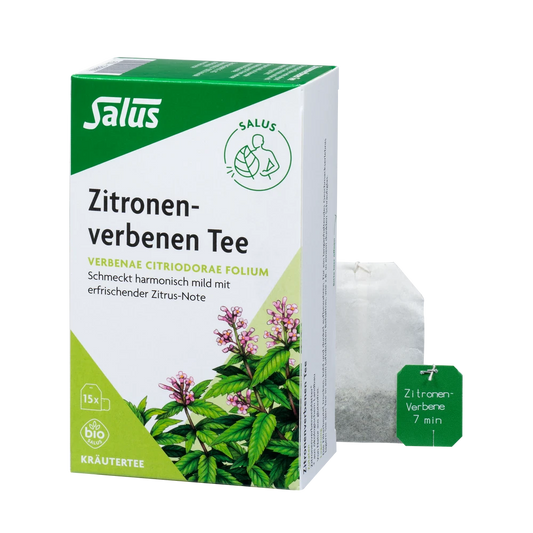 Salus Zitronenverbene Tee Bio 15 Filterbeutel mit geöffneter Verpackung und losem Teebeutel
