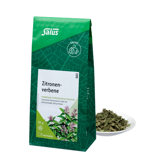 Salus Zitronenverbene Tee Bio lose 30 g – Verpackung mit losem Tee auf Teller