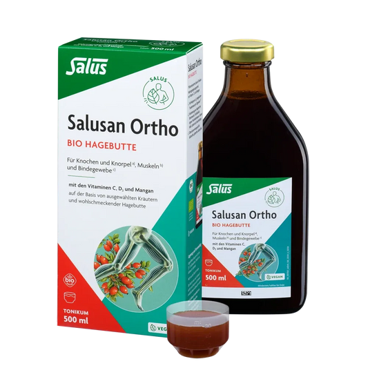 Salusan Ortho Bio-Hagebutten-Tonikum 500 ml – Set mit Verpackung, Glasflasche und Dosierbecher