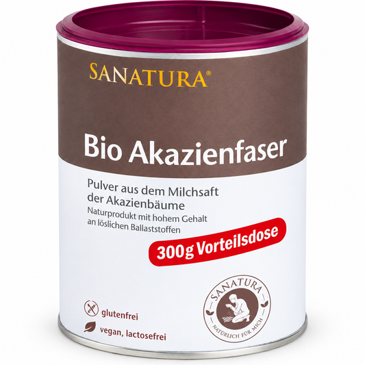 Sanatura Bio Akazienfaser 300 g Vorteilsdose auf weißem Hintergrund