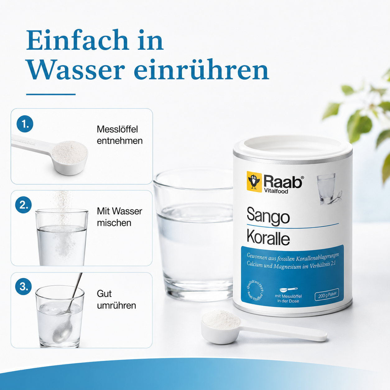 Anwendung von Raab Sango Koralle Pulver mit Messlöffel in Wasser einrühren