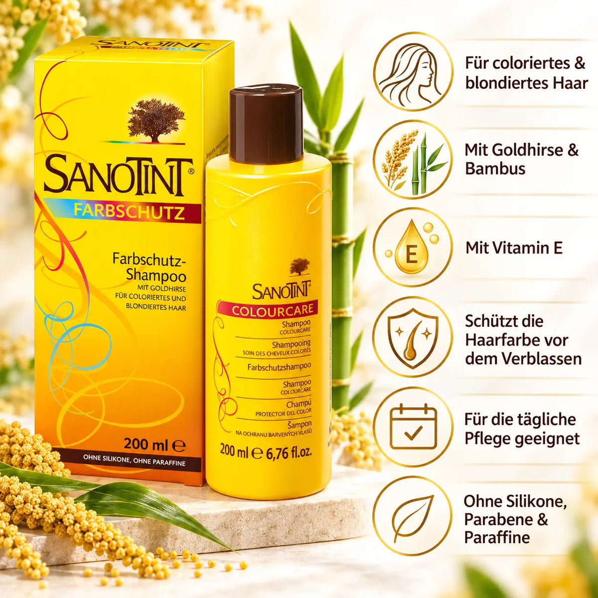 Vorteile des SANOTINT Farbschutz-Shampoos: mit Goldhirse, Bambus und Vitamin E, für coloriertes und blondiertes Haar
