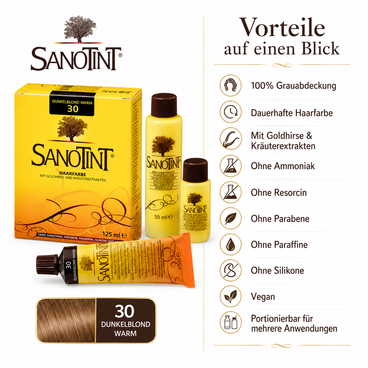 Vorteile der SANOTINT Haarfarbe Nr. 30 Dunkelblond Warm mit Grauabdeckung, Goldhirse und Kräuterextrakten