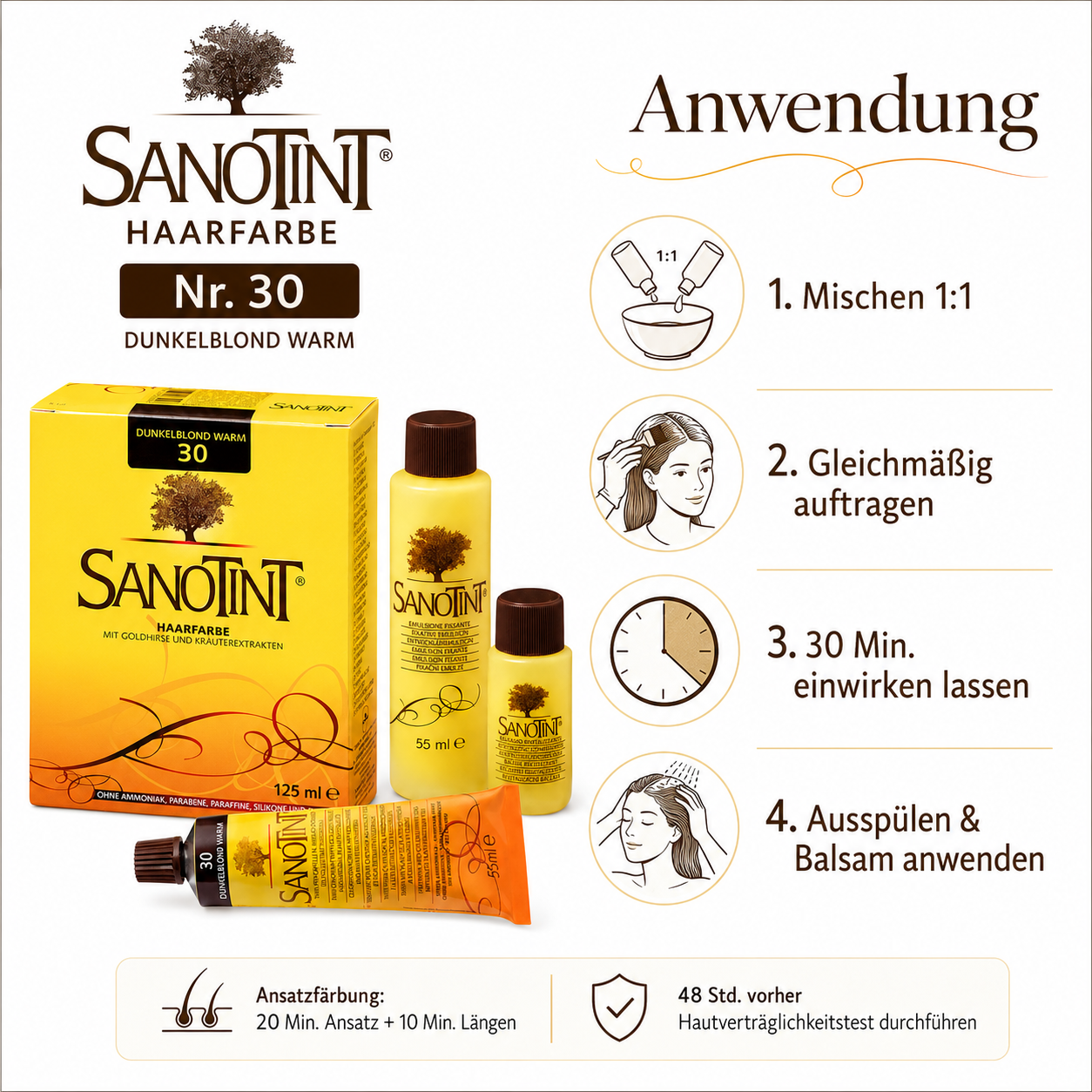 Anwendung der SANOTINT Haarfarbe Nr. 30 Dunkelblond Warm in vier Schritten mit 30 Minuten Einwirkzeit