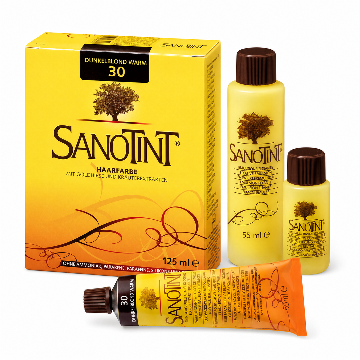 SANOTINT Haarfarbe Nr. 30 Dunkelblond Warm mit Verpackung, Farbcreme, Entwickleremulsion und Pflegebalsam