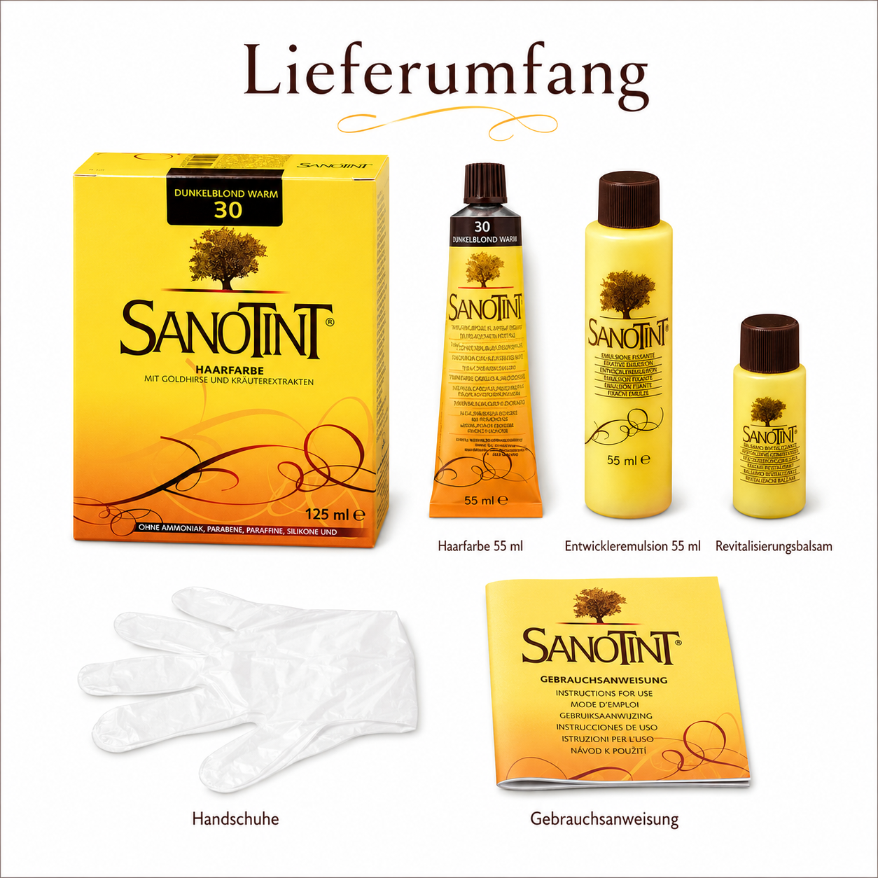 Lieferumfang der SANOTINT Haarfarbe Nr. 30 mit Farbcreme, Entwickleremulsion, Revitalisierungsbalsam, Handschuhen und Anleitung