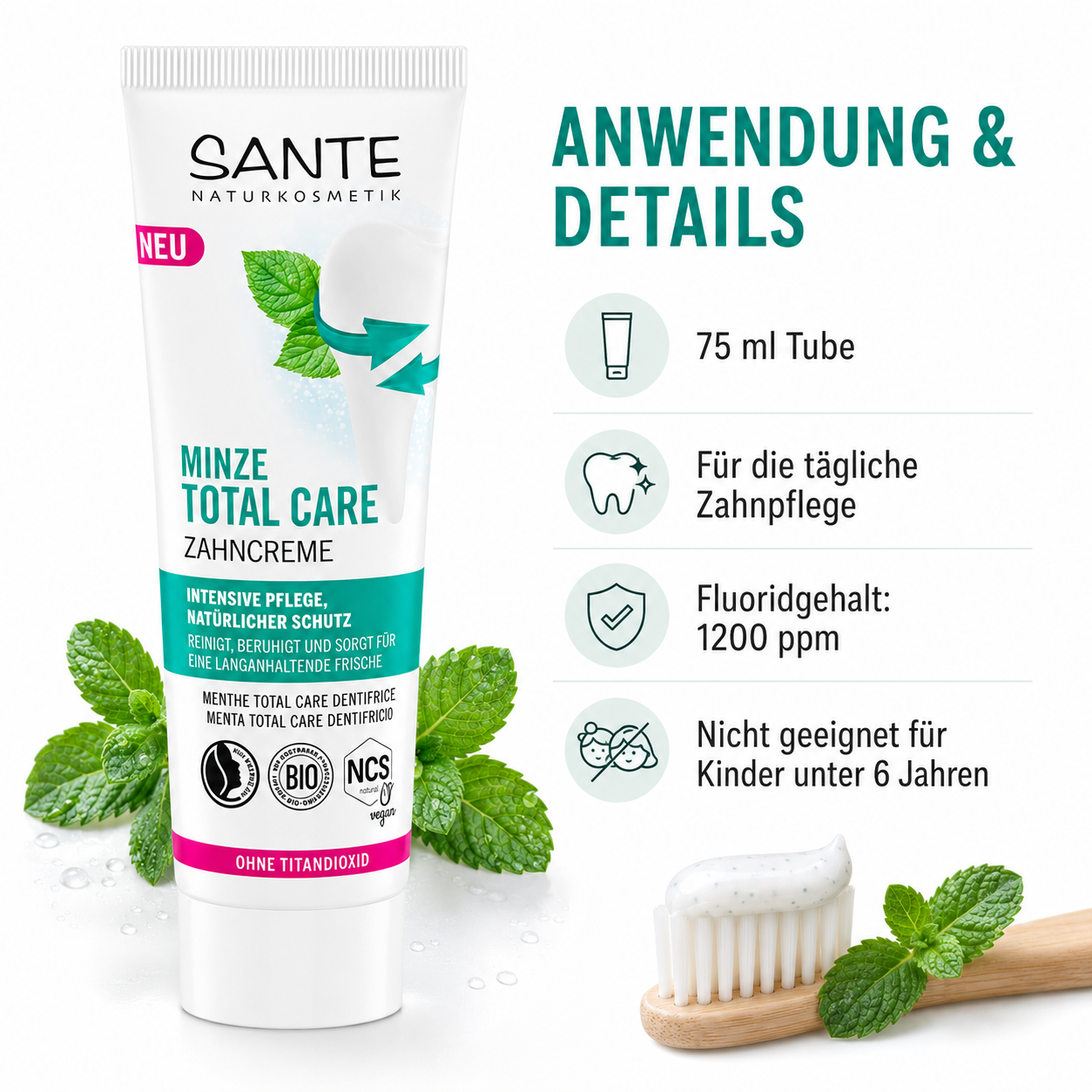 SANTE Minze Total Care Zahncreme 75 ml mit 1200 ppm Fluorid für die tägliche Zahnpflege