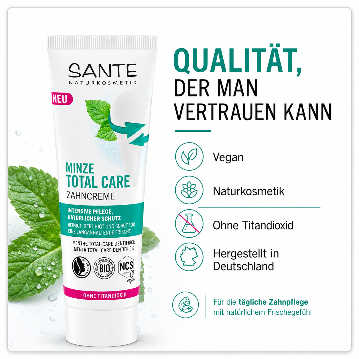 SANTE Minze Total Care Zahncreme vegan, Naturkosmetik, ohne Titandioxid und hergestellt in Deutschland