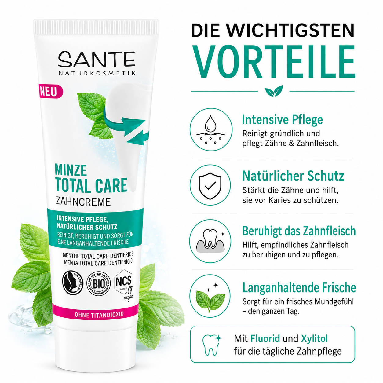 SANTE Minze Total Care Zahncreme mit intensiver Pflege, natürlichem Schutz und langanhaltender Frische