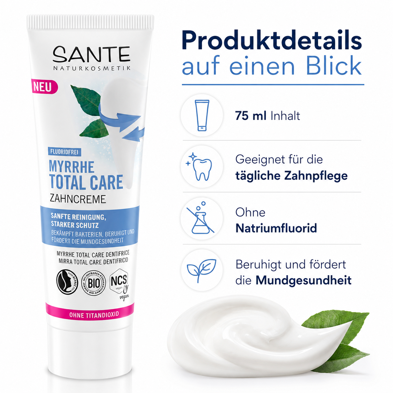 Produktdetails der SANTE Myrrhe Total Care Zahncreme 75 ml ohne Natriumfluorid