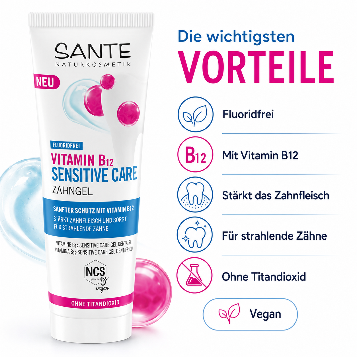 Vorteile des SANTE Vitamin B12 Zahngels: fluoridfrei, vegan, ohne Titandioxid und für strahlende Zähne