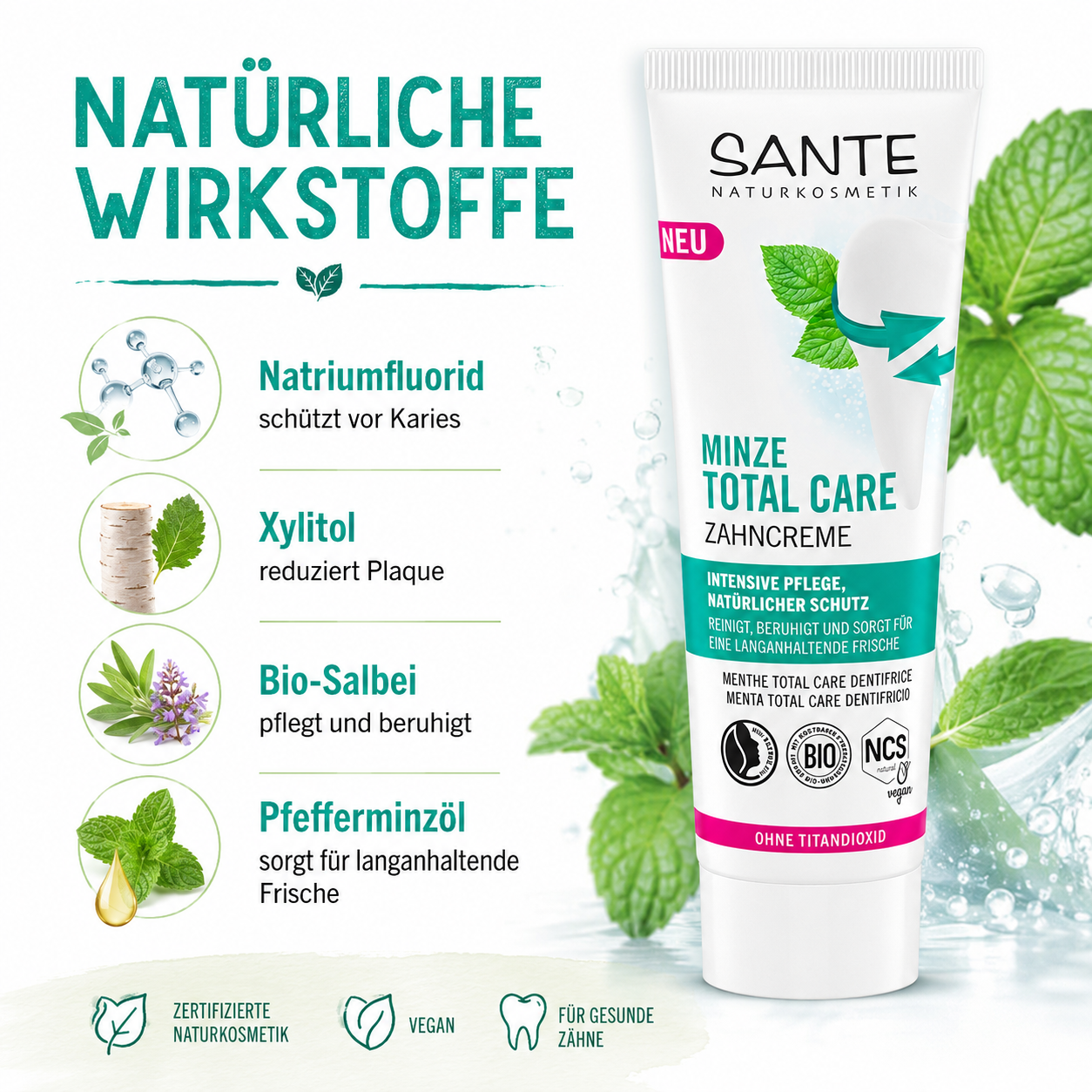 Natürliche Wirkstoffe der SANTE Minze Total Care Zahncreme mit Natriumfluorid, Xylitol, Bio-Salbei und Pfefferminzöl