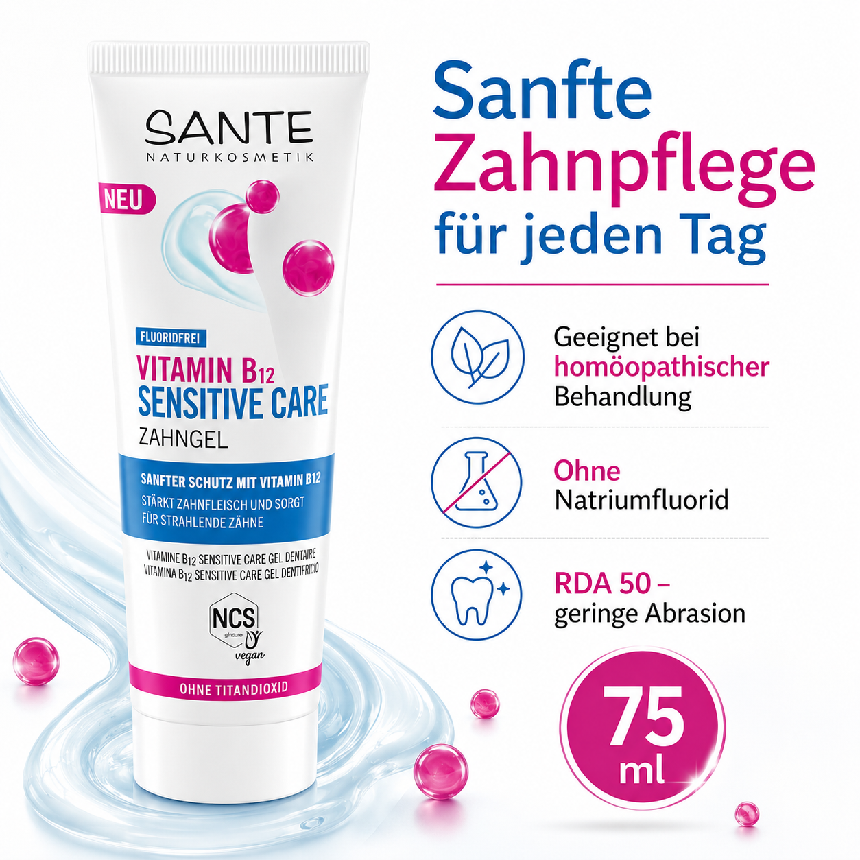 SANTE Zahngel 75 ml ohne Natriumfluorid mit RDA 50 und geringer Abrasion