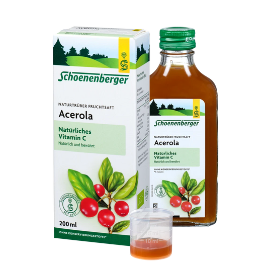 Schoenenberger Acerola Saft Bio naturtrüb 200 ml mit Messbecher und Verpackung