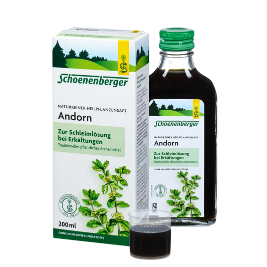 Schoenenberger Andorn Saft Bio 200 ml – Flasche, Verpackung und Messbecher