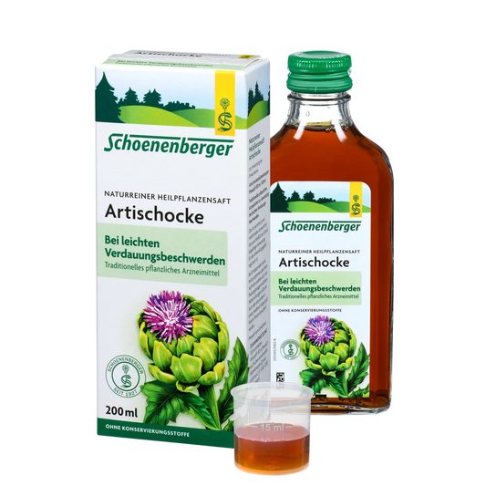 Schoenenberger Artischocken Saft Bio 200 ml – Set mit Flasche, Verpackung und Dosierbecher