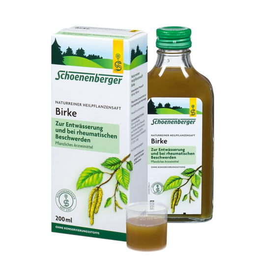 Schoenenberger Birke Pflanzensaft 200 ml – naturreiner Presssaft mit Packung, Glasflasche und Dosierbecher
