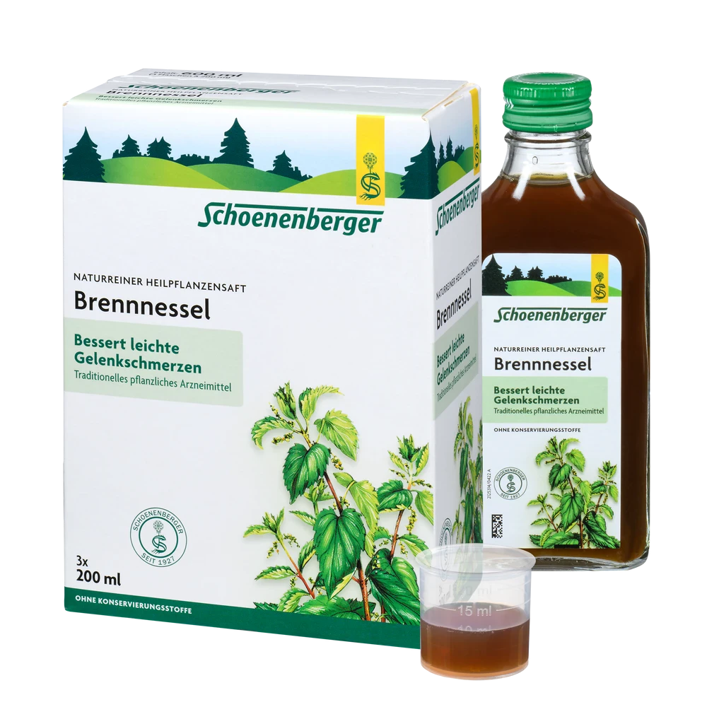 Schoenenberger Brennnessel Pflanzensaft – Packung und 200-ml-Flasche mit Dosierbecher, Produktabbildung
