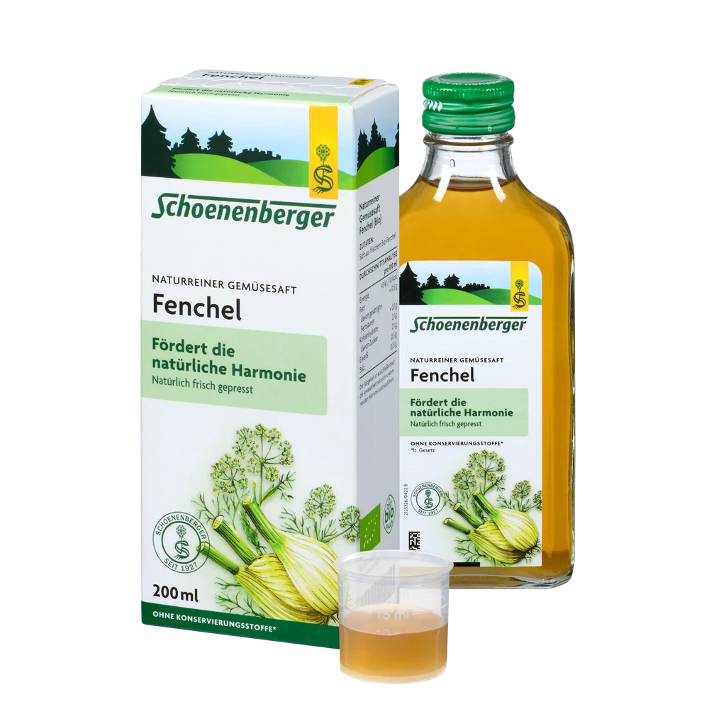 Schoenenberger Fenchel Saft Bio 200ml Flasche mit Packung und Dosierbecher