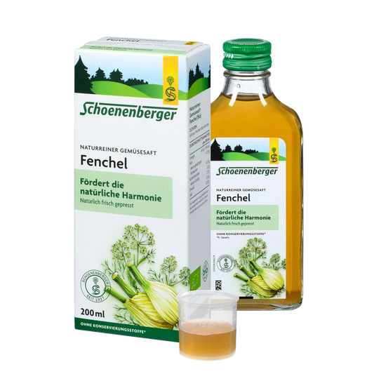 Schoenenberger Fenchel Saft Bio 200ml Flasche mit Packung und Dosierbecher