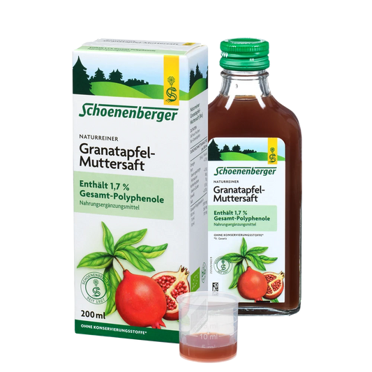 Schoenenberger Granatapfel-Muttersaft Bio 200 ml mit Faltschachtel, Glasflasche und Dosierbecher
