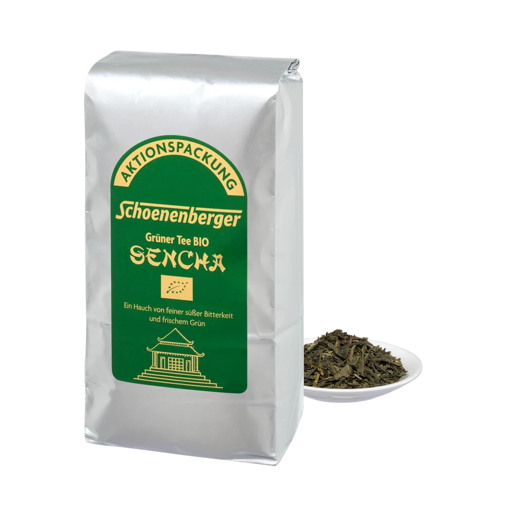 Schoenenberger Grüner Tee Sencha bio 250g mit Packung und Teeblättern