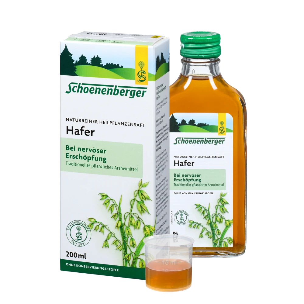 Schoenenberger Hafer Heilpflanzensaft bio 200 ml – Packung mit Flasche und Dosierbecher
