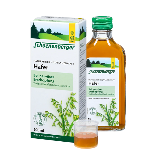Schoenenberger Hafer Heilpflanzensaft bio 200 ml – Packung mit Flasche und Dosierbecher